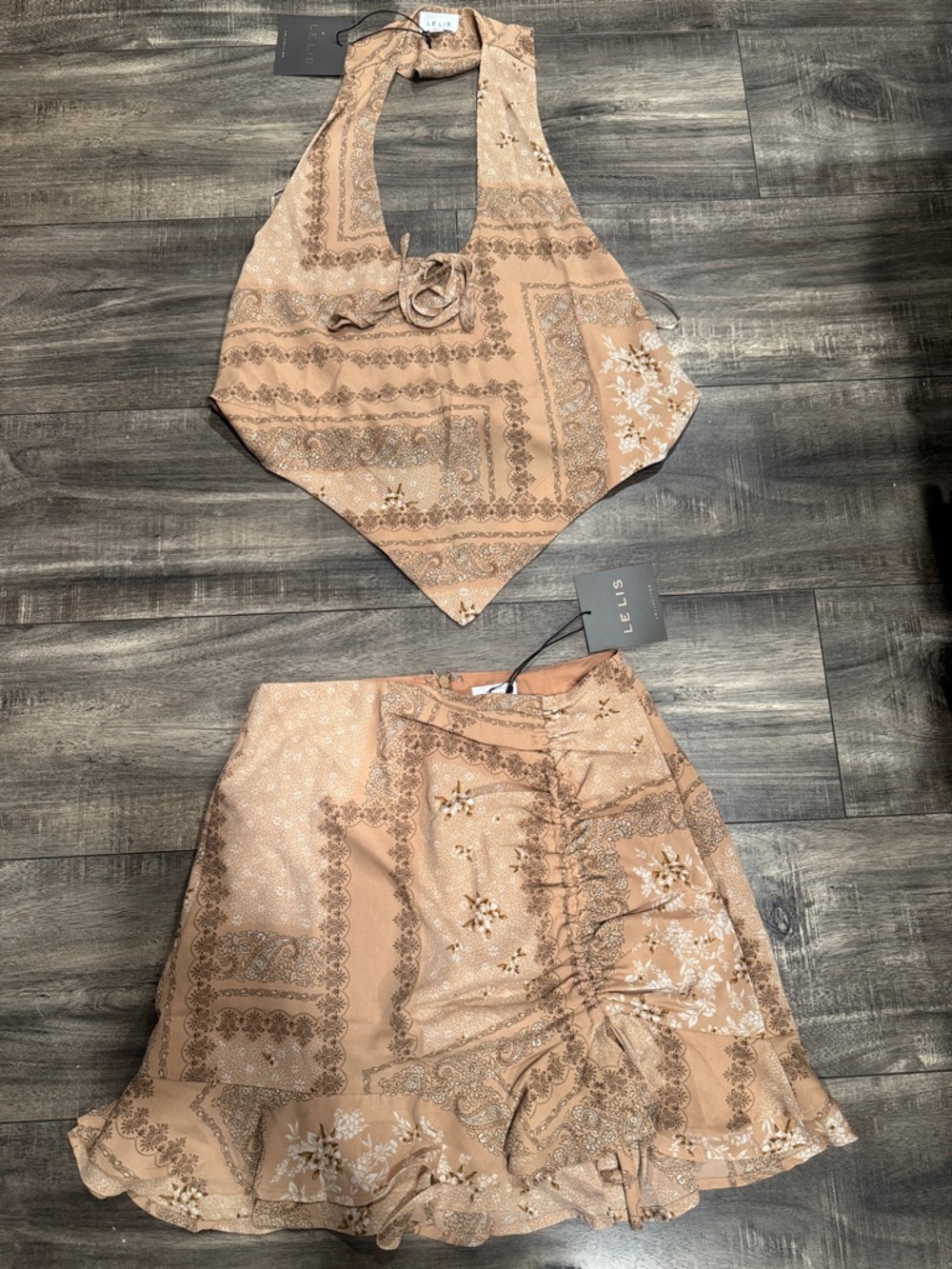 NWT Festival Beige Paisley Print Y2K Halter Top Ruffled Mini Skirt Set Small